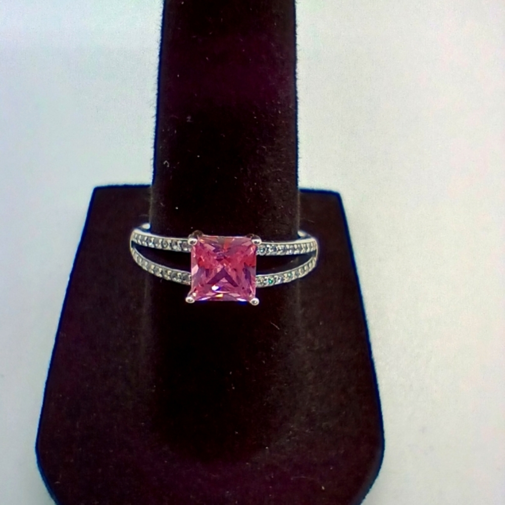 Pink Cubic Zirconia with Micro zirconias Ring .925 Silver rhodium plated